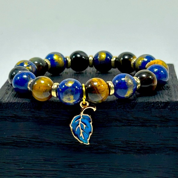 Handmade Fall Leaf Charm Bracelet Featuring Natural Tiger Eye & Jade Gemstones! - Picture 4 of 5